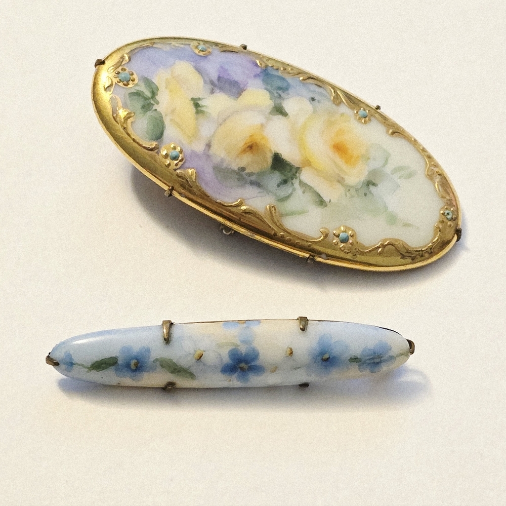 Vintage victorian porcelain hand paint floral bar pin brooch Gothic Whimsy cameo